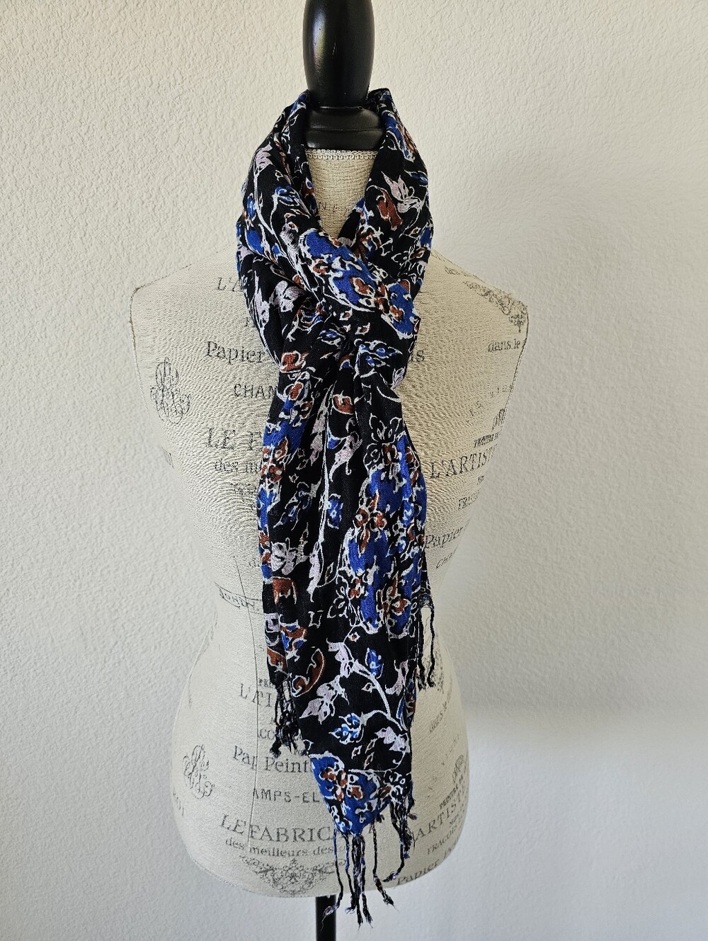 Floral Paisley Scarf Wrap Shawl Black Blue Rust Orange Fringe Sarong 72x26​
